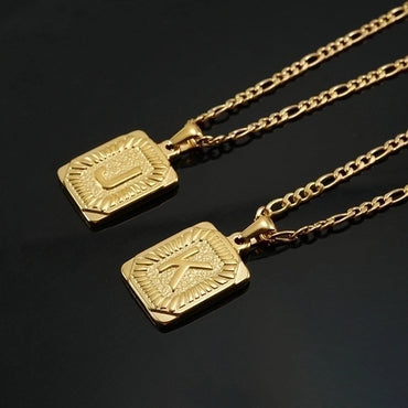 Fashion Letter Rectangle Titanium Steel Gold Plated Pendant Necklace