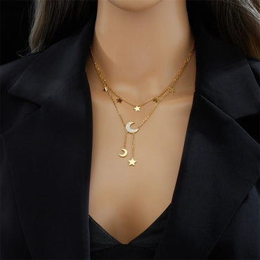 Fashion Star Moon Titanium Steel Plating Layered Necklaces