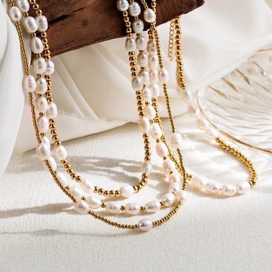 Ig Style Sweet Oval Stainless Steel Freshwater Pearl Beaded Handmade 18k Gold Plated Necklace