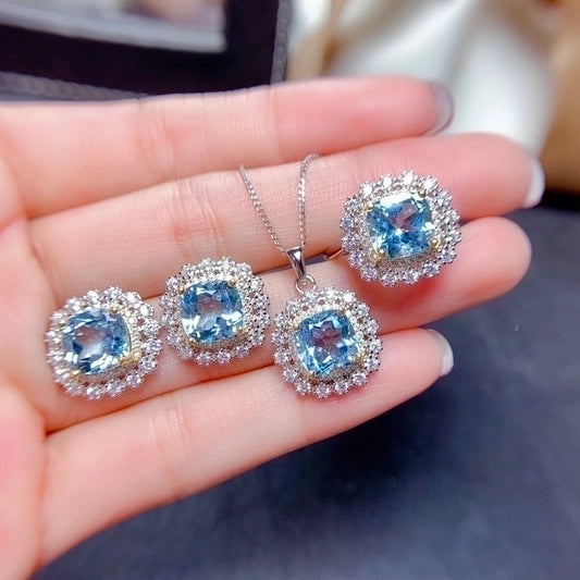 Internet Celebrity Live Streaming Imitation Natural Colorful Crystal Stone Suit Sky Blue Topaz Necklace Ring Eardrops Stud Earrings Female