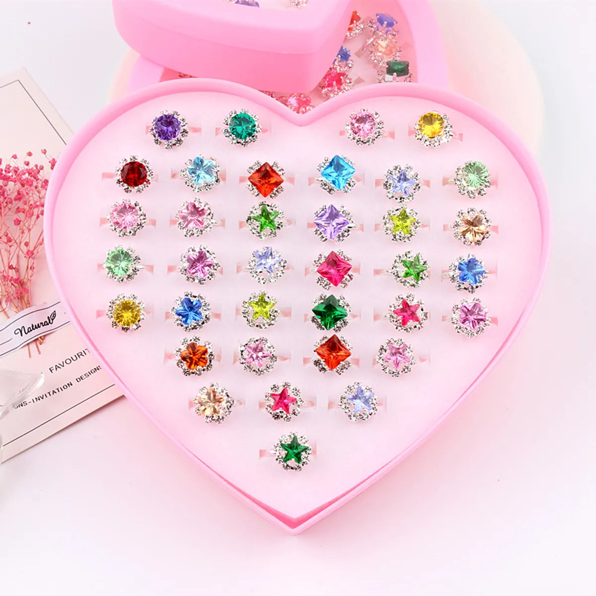 Exquisite Rings Adjustable Love Box Set 36 Pieces Love Rhinestone Rings