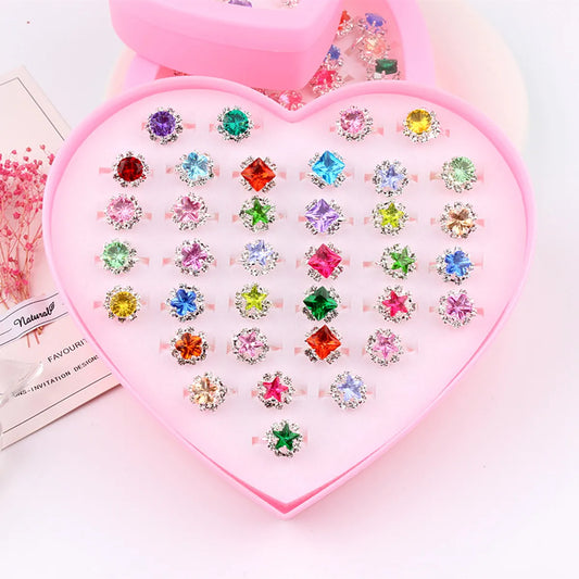 Exquisite Rings Adjustable Love Box Set 36 Pieces Love Rhinestone Rings