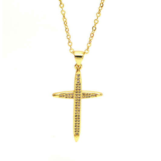 Classic Style Cross Copper Inlay Rhinestones Pendant Necklace