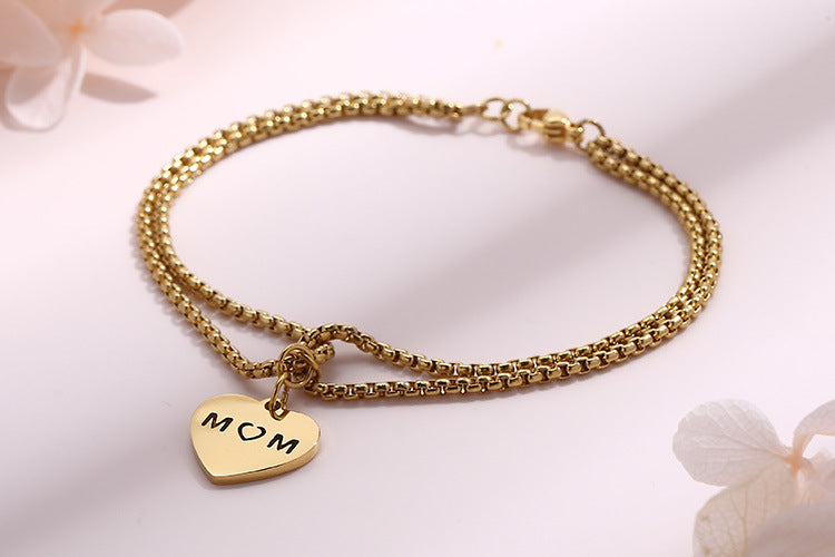 European And American Fashion Stainless Steel Double Pearl Chain Letter Mom Heart Bracelet