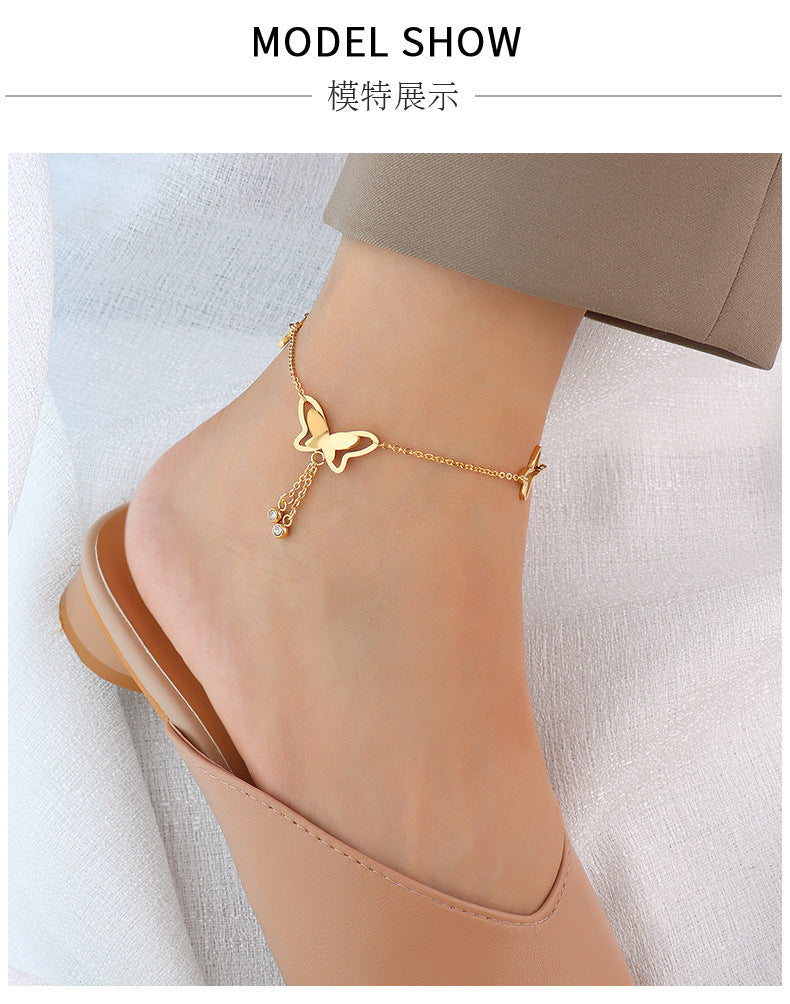 European And American Simple Tassel Butterfly Titanium Steel 18k Real Gold Anklet Wholesale