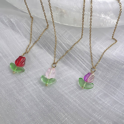 Elegant Flower Stainless Steel Glass Pendant Necklace