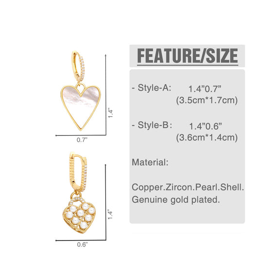 Fashion Heart Pendant Copper 18k Gold-plated Inlaid Zircon Pearl Earrings