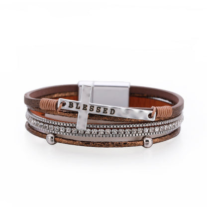 Fashion Cross Fine Diamond Leather Magnetic Buckle Multicolor Bracelet