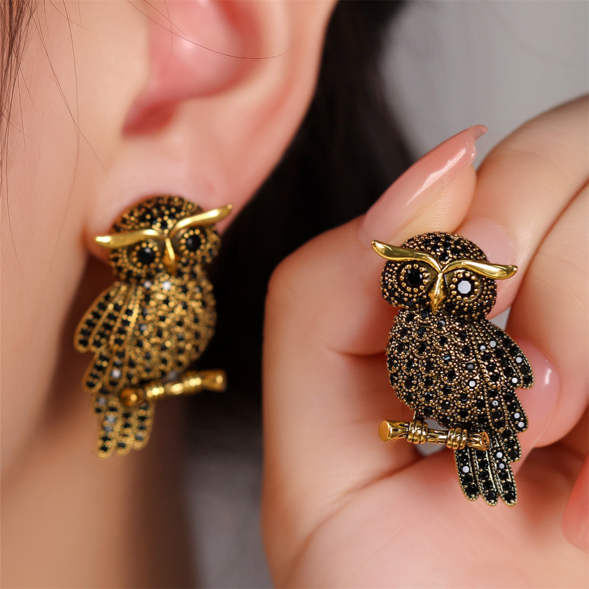 1 Pair Cartoon Style Owl Inlay Copper Zircon Ear Studs