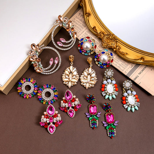 Wholesale Jewelry Vintage Style Round Water Droplets Rhombus Alloy Rhinestones Inlay Drop Earrings