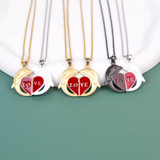 Romantic Letter Dolphin Heart Shape Alloy Enamel Plating Couple Pendant Necklace