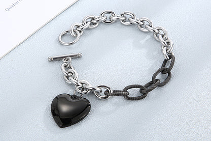 European And American Fashion Jewelry Black Heart-shaped Pendant Stitching Ot Buckle Stainless Steel Bracelet