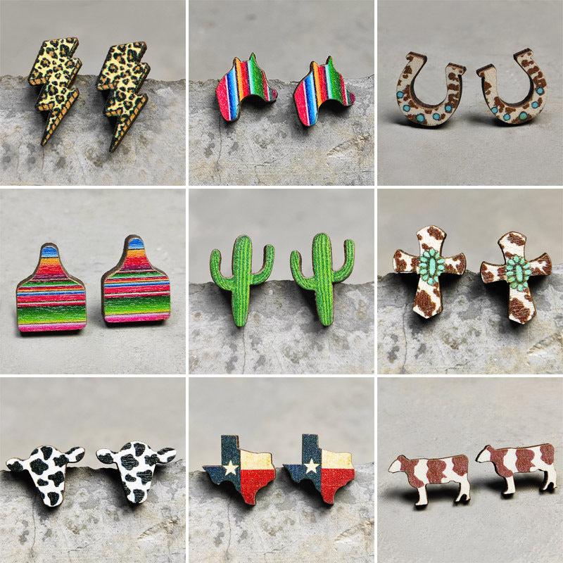 1 Pair Retro Cactus Cows Leopard Wood Women's Ear Studs