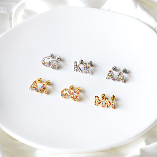 Fashion Letter Stainless Steel Inlay Zircon Ear Studs 1 Pair