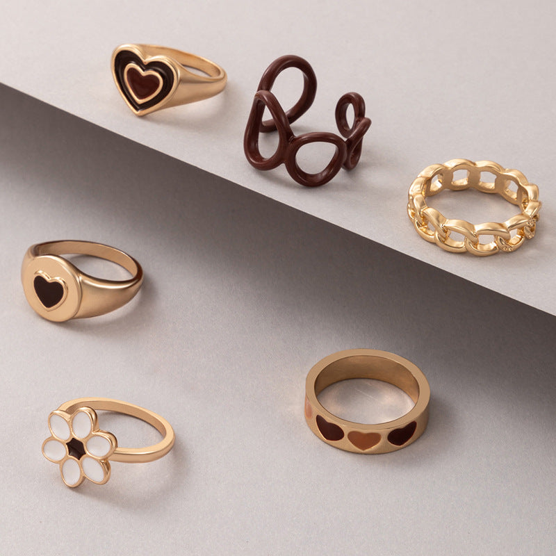 European And American Jewelry Brown Heart Drop Oil Ring Six-piece Geometric Flower Ring Set