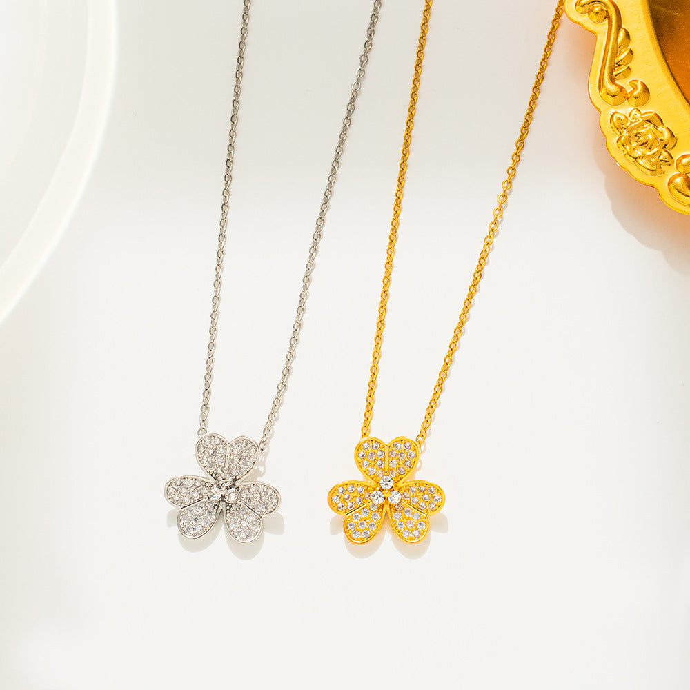 Simple Style Flower Titanium Steel Inlay Zircon Pendant Necklace