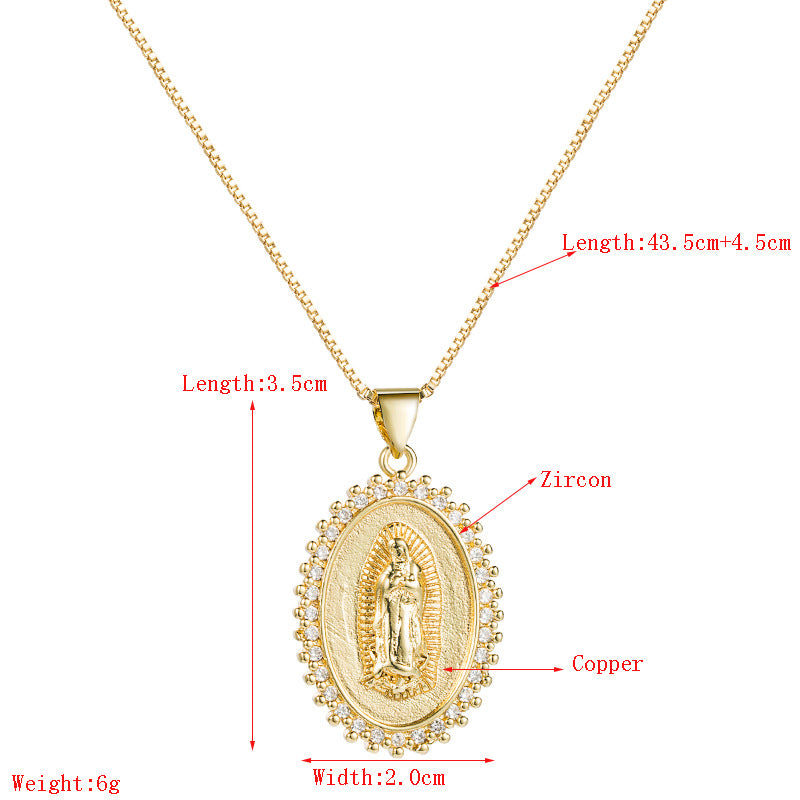 Oval Virgin Mary Statue Pendant Copper Necklace