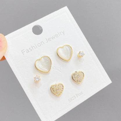 Fashion Heart Shape Copper Inlay Zircon 3 Pairs