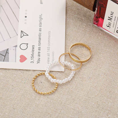Fashion Simple Pearl Wave Twist Joint Alloy Ring Four-piece Set