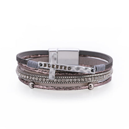 Fashion Cross Fine Diamond Leather Magnetic Buckle Multicolor Bracelet