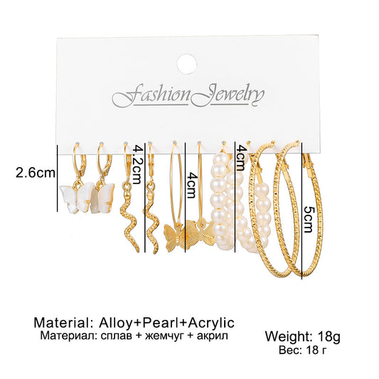 Europe And America Cross Border 5-piece Earrings Vintage Alloy Butterfly Snake Stud Earrings Creative Simple Acrylic Earrings Set