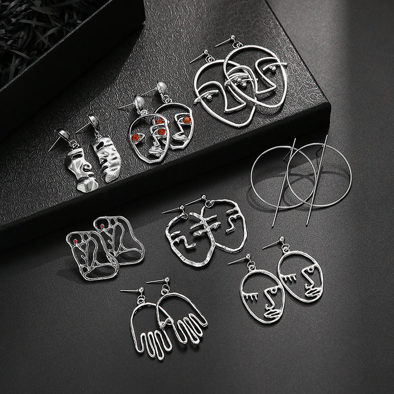 Fashion Creative Hollow Portrait Alloy Drop Earrings Set