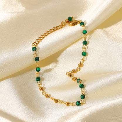 Women's Fashion Green Malachite Round Beads 18k Gold Geometric Stainless Steel Bracelet