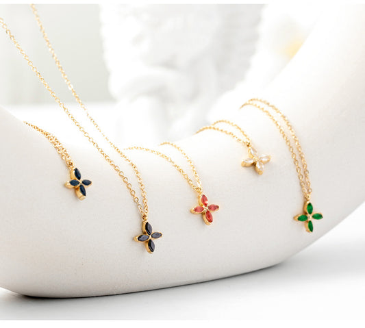 Fashion Simple Style Four Leaf Clover Titanium Steel Plating Artificial Gemstones Necklace