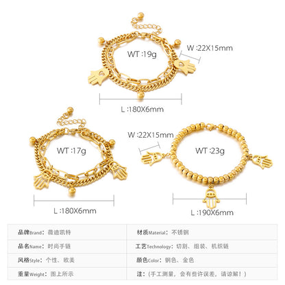 Fashion Popular Stainless Steel Double Palm Gold Pendant Beads Bracelet Jewelry