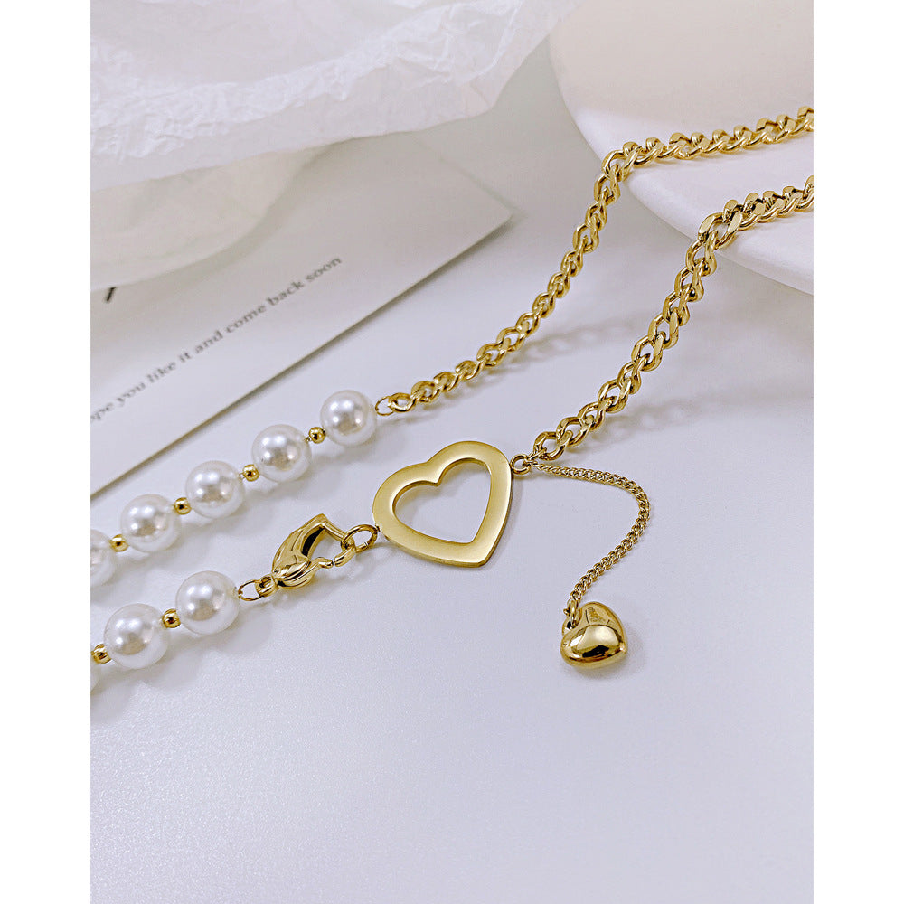 Fashion Heart Pearl Stitching Stainless Steel Necklace Clavicle Chain Wholesale