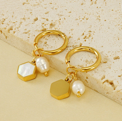 1 Pair Casual Simple Style Triangle Star Heart Shape Pearl Inlay Titanium Steel Shell 18K Gold Plated Drop Earrings