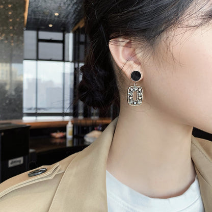 Simple Black Premium Texture Luxury Full Diamond Geometric Rectangular Earrings