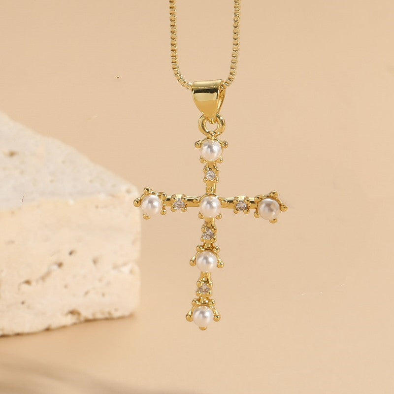 AliExpress hot selling cross pearl zircon pendant fashion OL light luxury elegant luxury classic jewelry necklace women