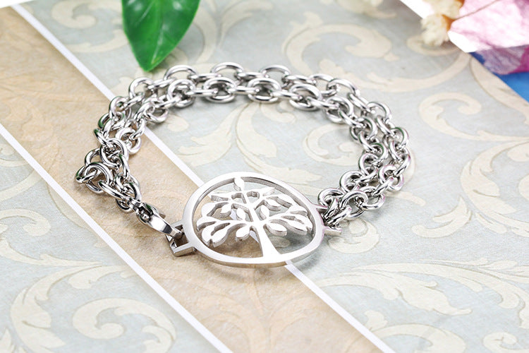 Ladies Stainless Steel Jewelry Double Ring Tree Of Life Pendant Bracelet