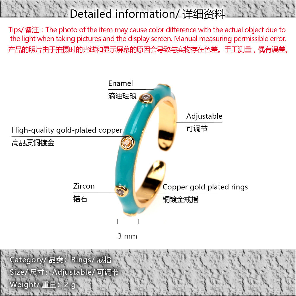 Fashion Enamel Geometric Copper Inlaid Zircon Open Ring Wholesale