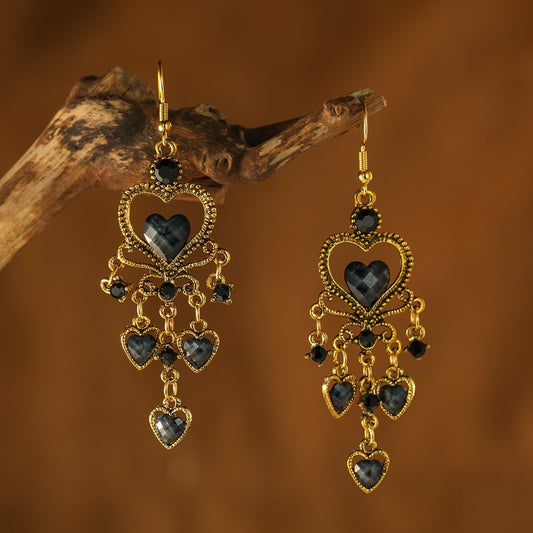 1 Pair Ethnic Style Heart Shape Metal Tassel Plating Inlay Artificial Gemstones Women's Drop Earrings
