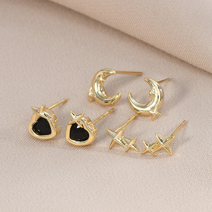 1 Set Simple Style Star Moon Heart Shape Plating Inlay Copper Zircon Ear Studs