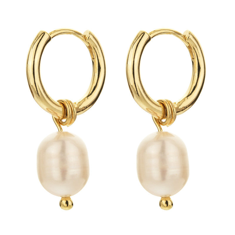 Cross-border new copper plating 14K real gold freshwater pearl earrings European and American fashion, simple baroque light luxury earrings