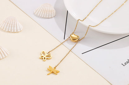 Fashion Heart-shaped Stainless Steel Dragonfly Butterfly Small Pendant Necklace