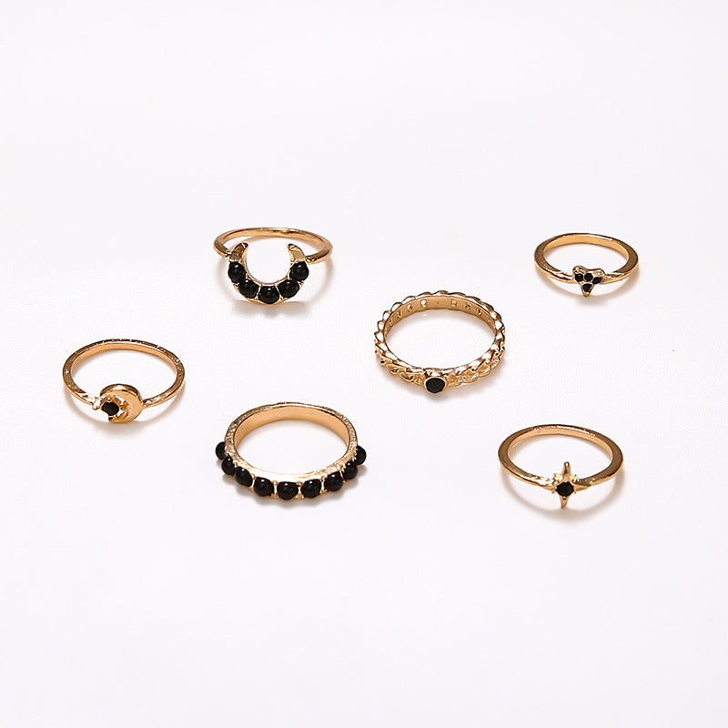 Cross-border New Ring Set Fashion Black Gemstone Star Moon 6-piece Set Joint Ring Finger Ring