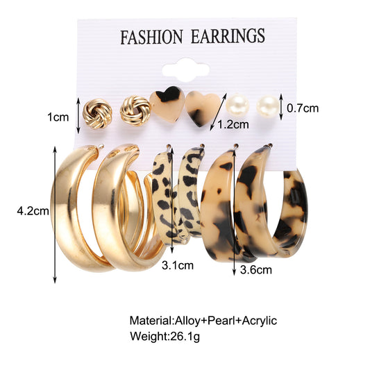 Retro Earrings Set 6 Pairs Of Creative Leopard Print C-shaped Earrings Wholesale