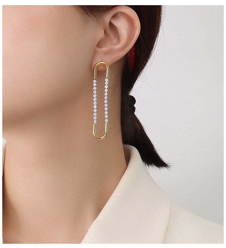 Fashion Temperament Geometric U-shaped Zircon Titanium Steel Earrings