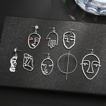 Fashion Creative Hollow Portrait Alloy Drop Earrings Set