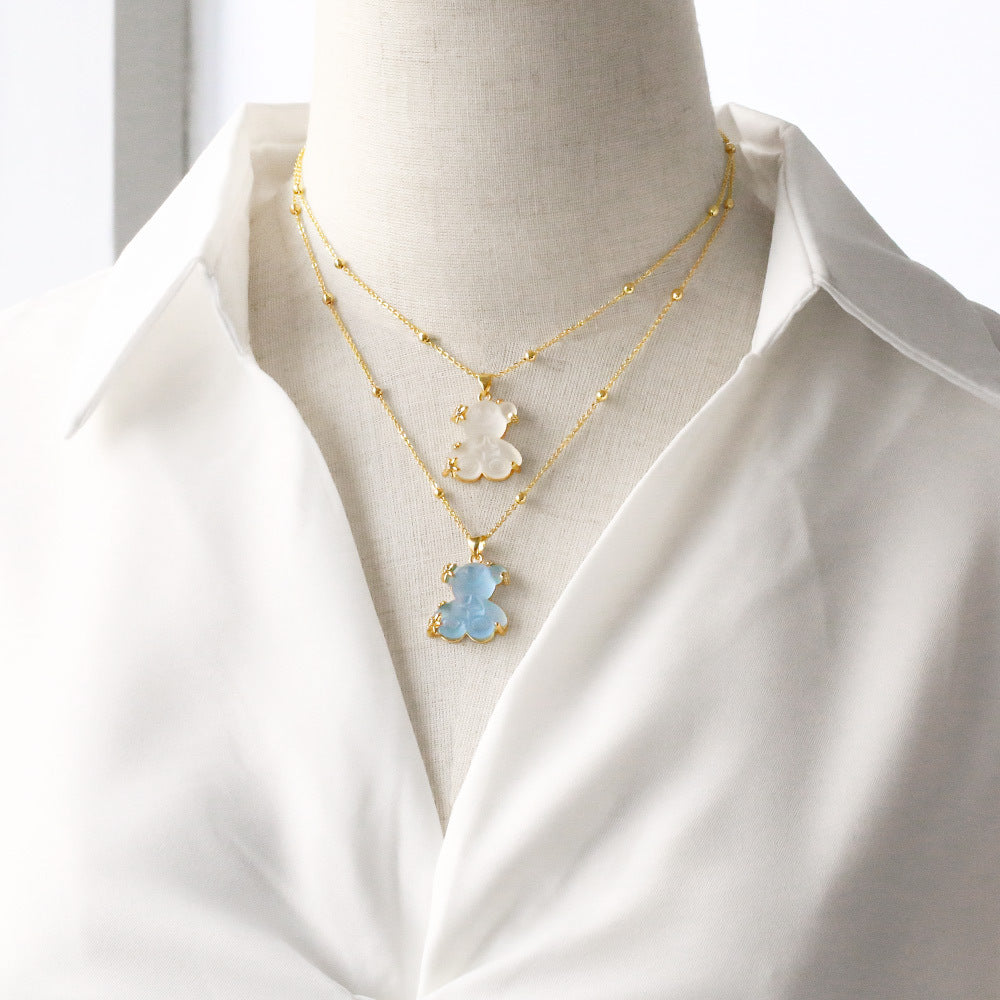 Copper Gold Plated Cute Simple Style Bear Inlay Resin Zircon Pendant Necklace