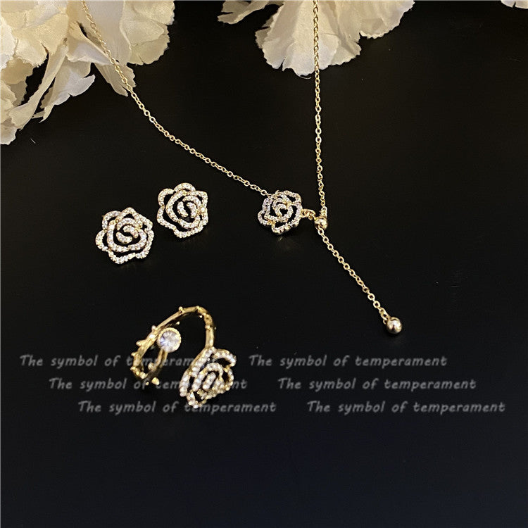 Elegant Flower Metal Inlay Zircon Women's Rings Earrings Necklace