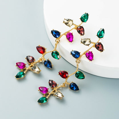 Fashion Color Diamond Alloy Diamond Drop-shaped Glass Diamond Long Leaf Flower Fashion Earrings Wholesale