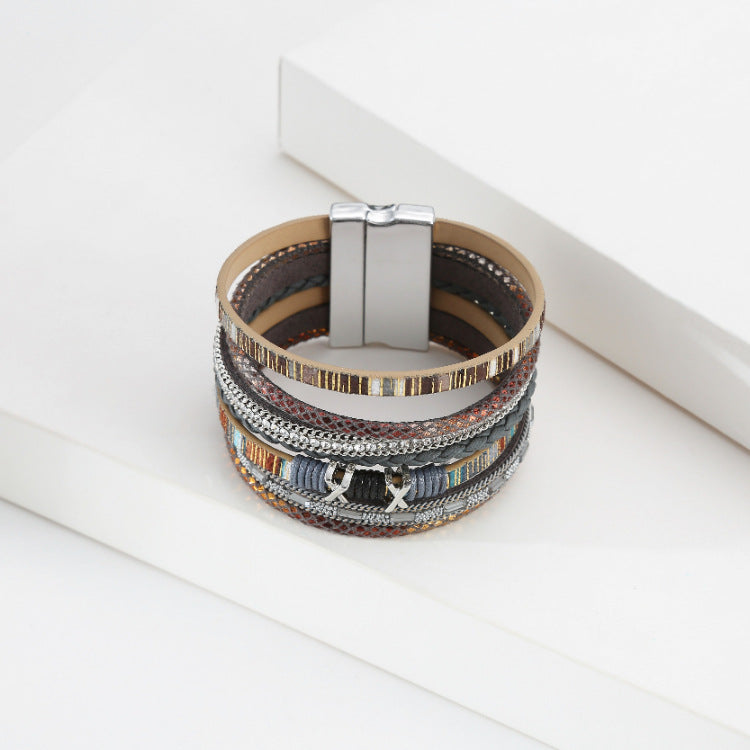 Bohemian Wide-brimmed Color Woven Multilayer Leather Bracelet Wholesale