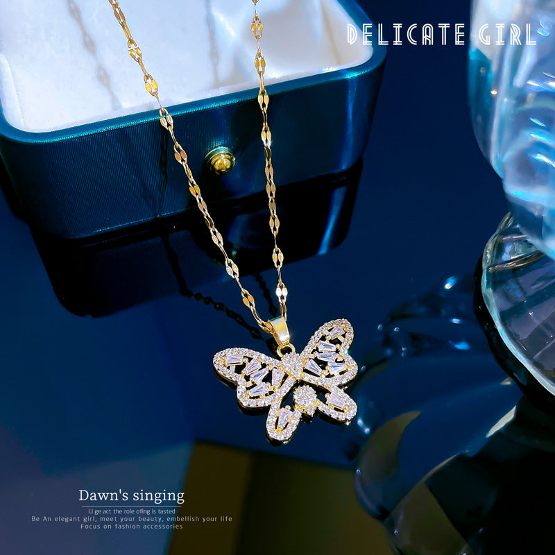 Fashion Butterfly Stainless Steel Copper Plating Zircon Pendant Necklace