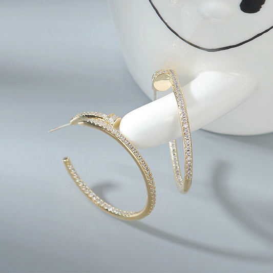 Korean Personality Exaggerated Nail Hoop Zircon Earrings