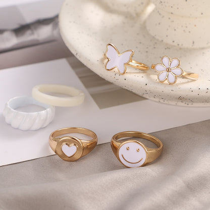 European And American New Oil Dripping Butterfly Smiley Ring 6-piece Cross-border Ins Love Joint Ring Suit Hzs2215